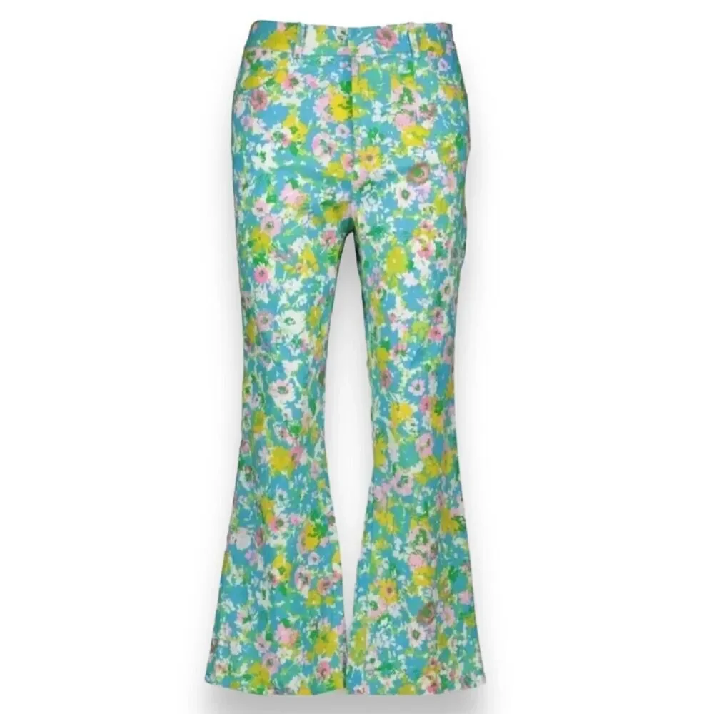 Zara Pants WMNS 4 Green Linen Blend Flared‎ Trousers Blue Pink Floral Cropped
